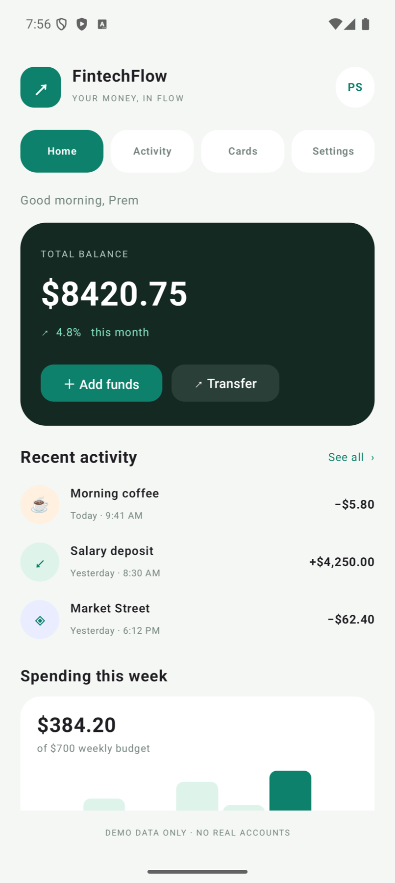 FintechFlowKMP app interface